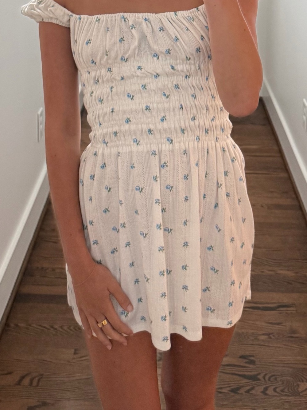 With Jean Smocked White Mini Dress with Blue Floral Print - Picture 2 of 2